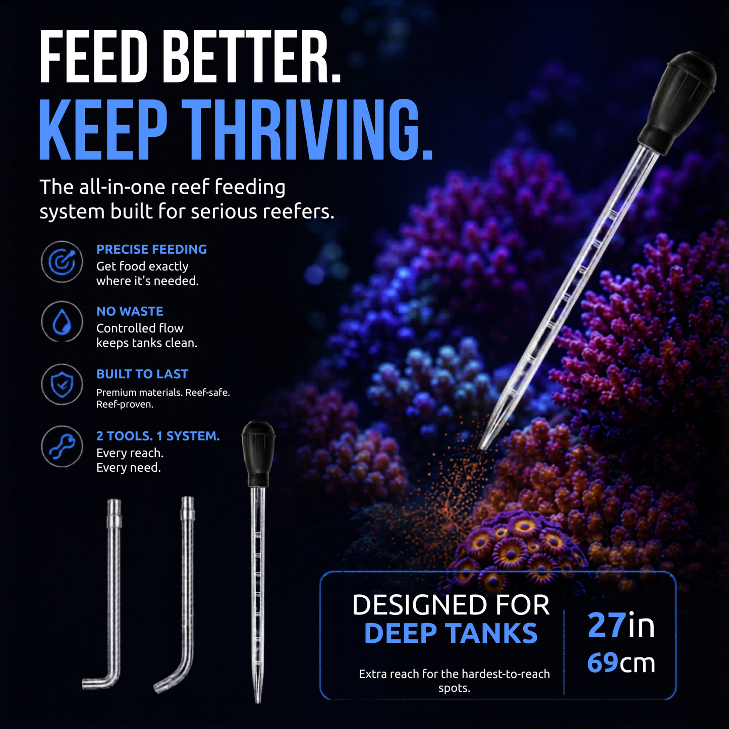Reef Engineer TargetFlow 4-in-1 Precision Aquarium Feeding & Maintenance Tool – Coral Feeder for Reef Tanks, Spot Feeding, Cleaning, Dosing & Deep Reach Fish Tank Care